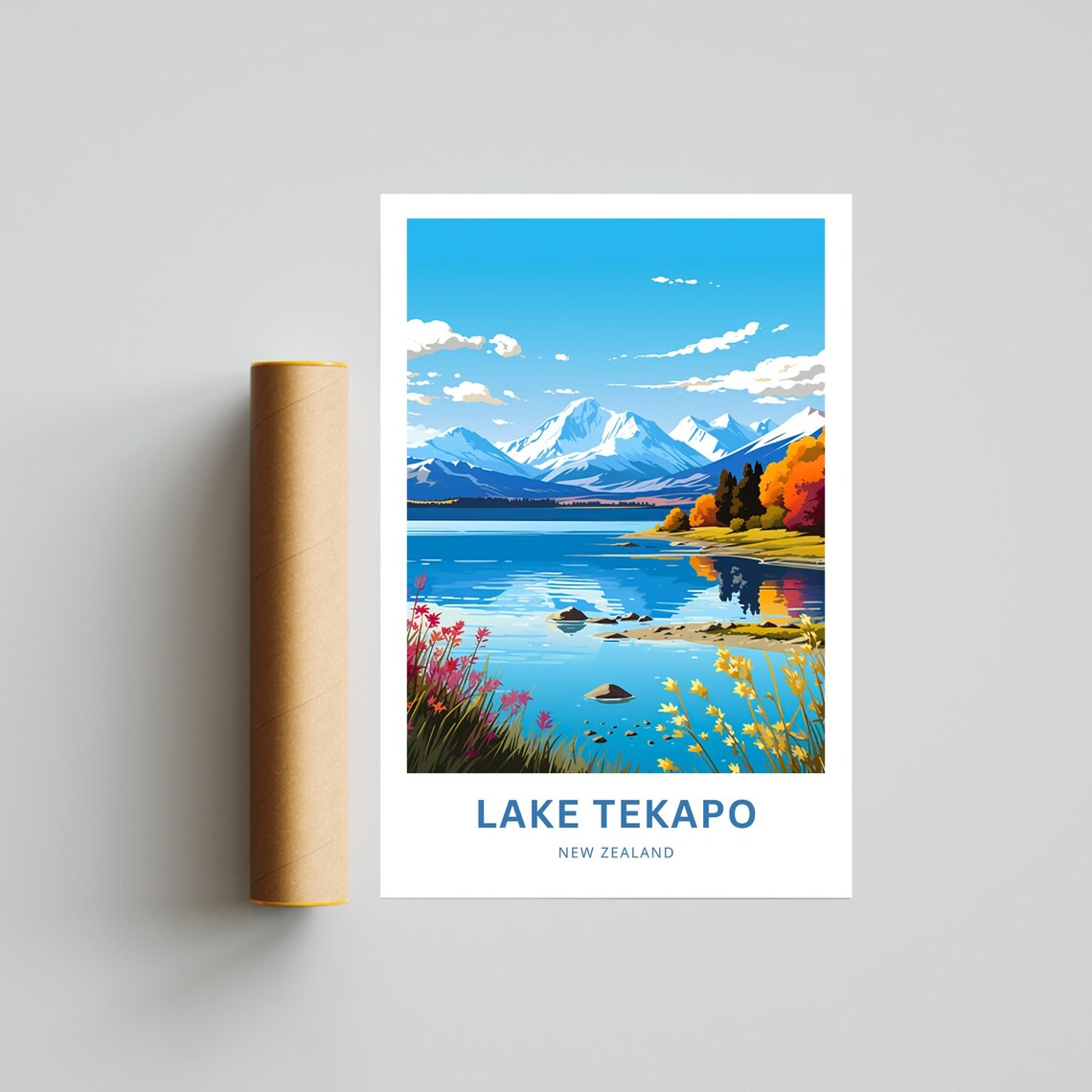 Lake Tekapo New Zealand Snowy Peaks Over Wildflower Shores Poster - Image 4
