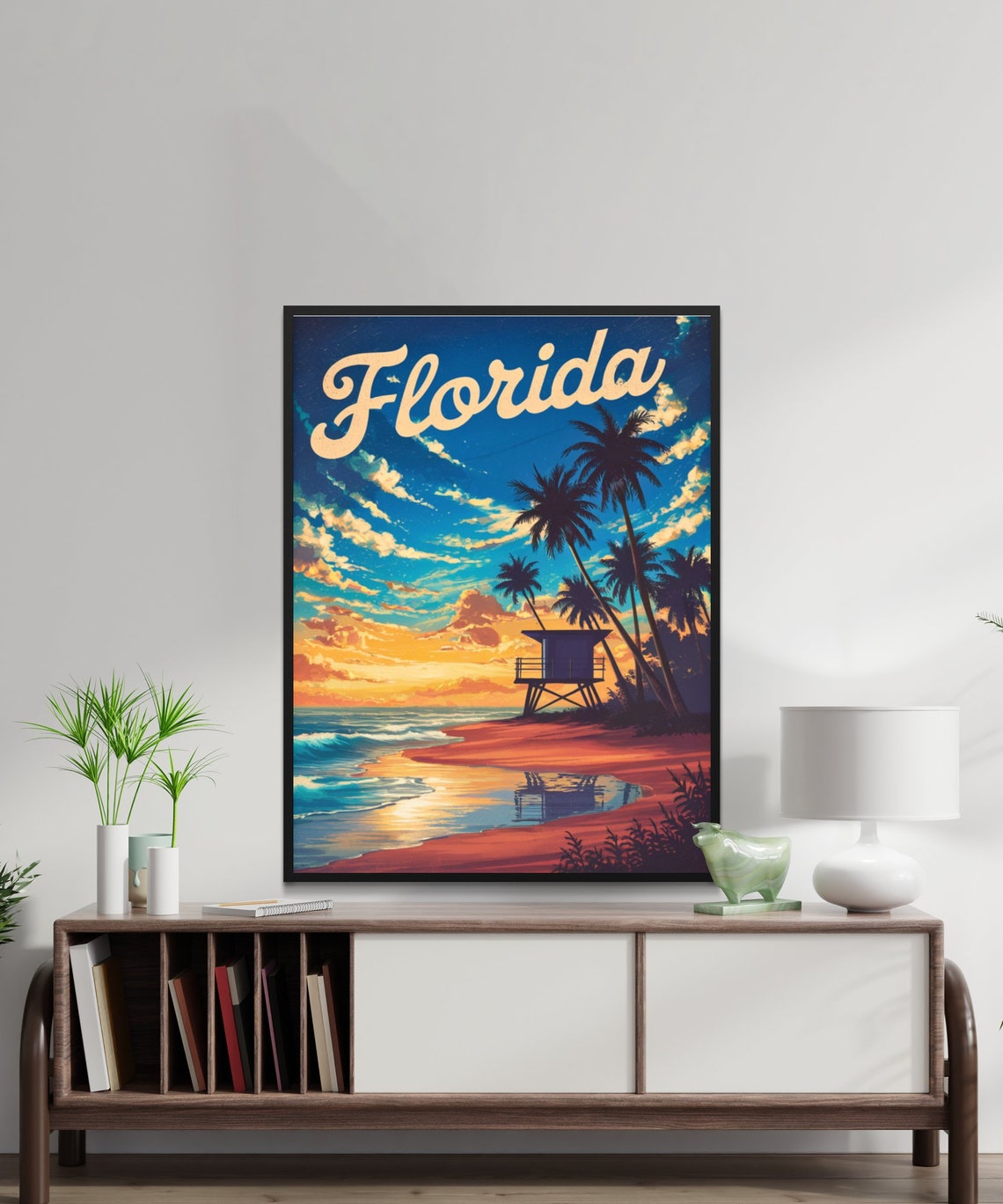 Florida Lifeguard Tower Sunset Palms Beach Vintage Retro Travel Poster - Image 2