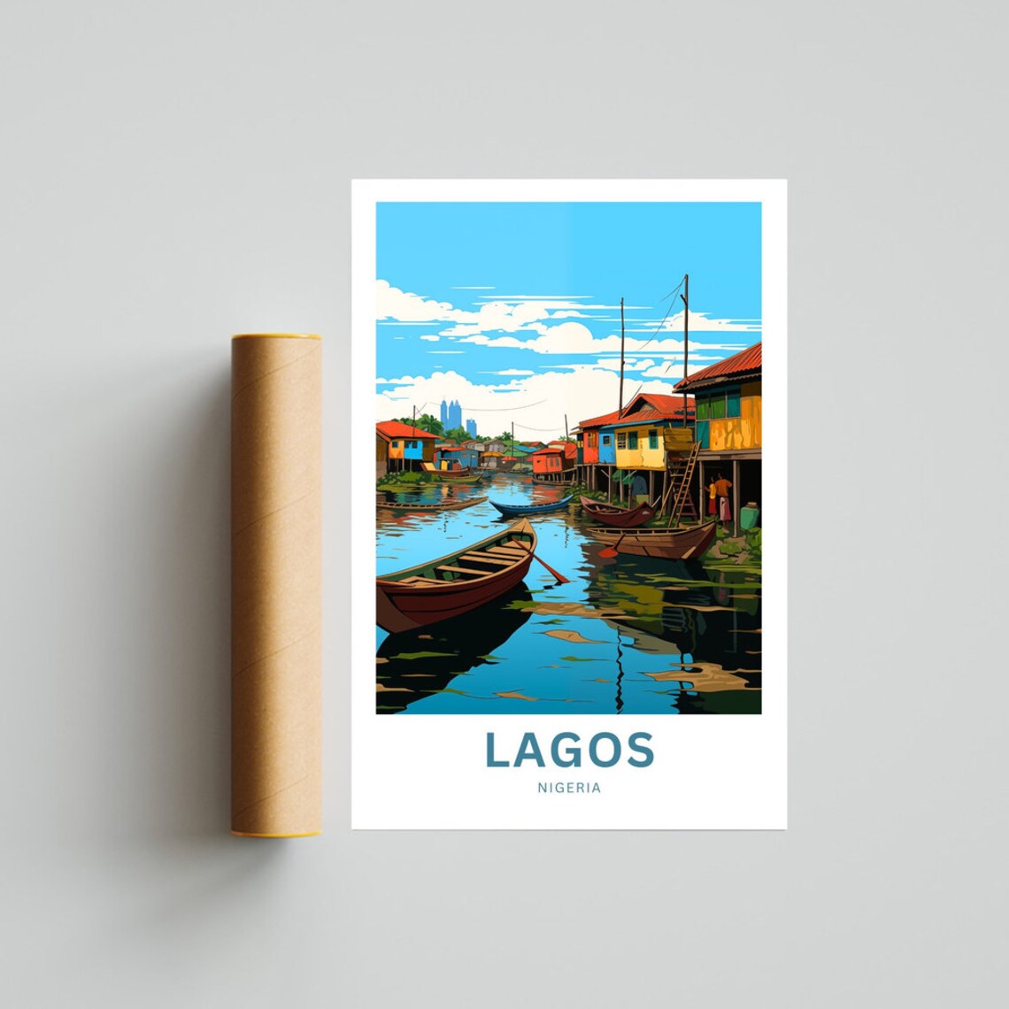 Lagos Nigeria Waterfront Stilt Houses and Canoes Travel Poster - Image 4
