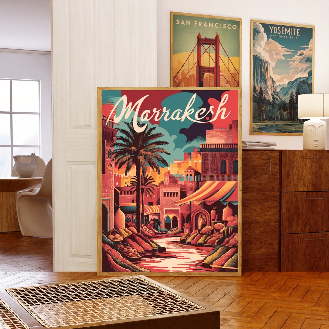Marrakesh Morocco Old City Street Palms Warm Retro Art Poster - Image 5