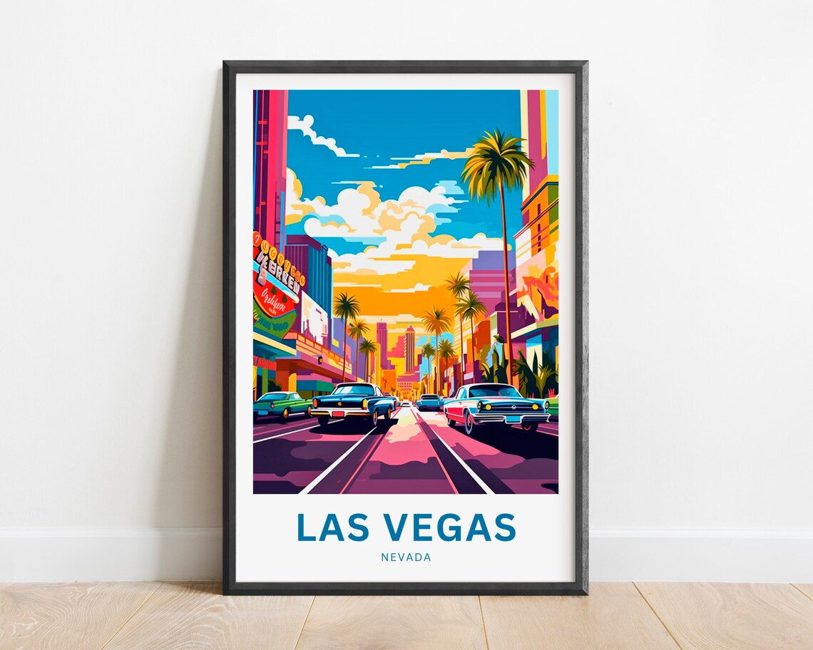 Las Vegas Nevada Downtown Street Vintage Cars Sunset Travel Poster