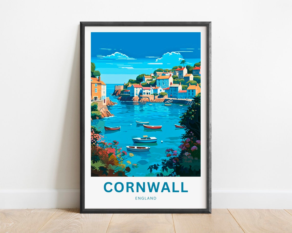 Cornwall England Charming Fishing Harbor Village Scene Poster