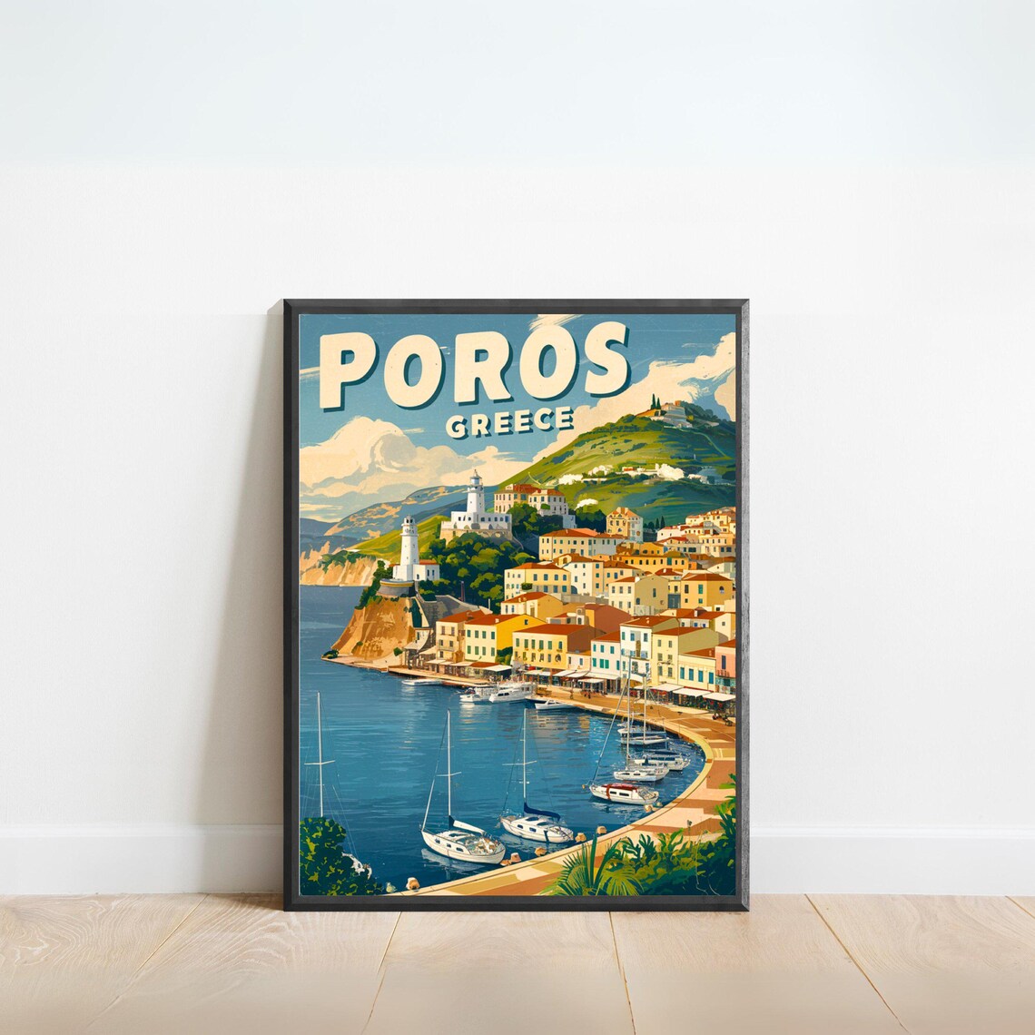 Poros Greece Vintage Sailboat Harbor Curved Bay Travel Poster