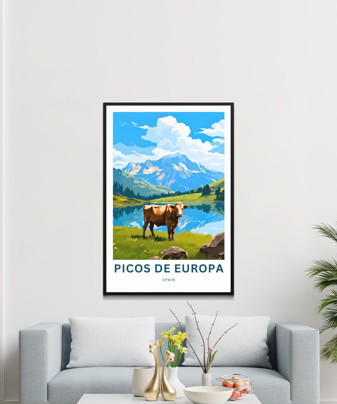 Picos De Europa Spain Alpine Cow And Mountain Lake Travel Poster - Image 3