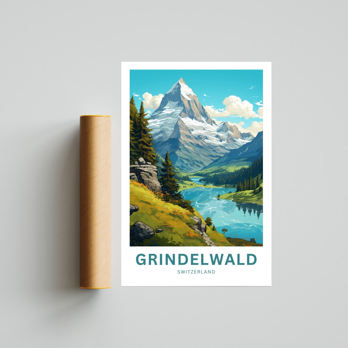 Grindelwald Switzerland Snow Peak Alpine Lake Meadow View Poster - Image 4