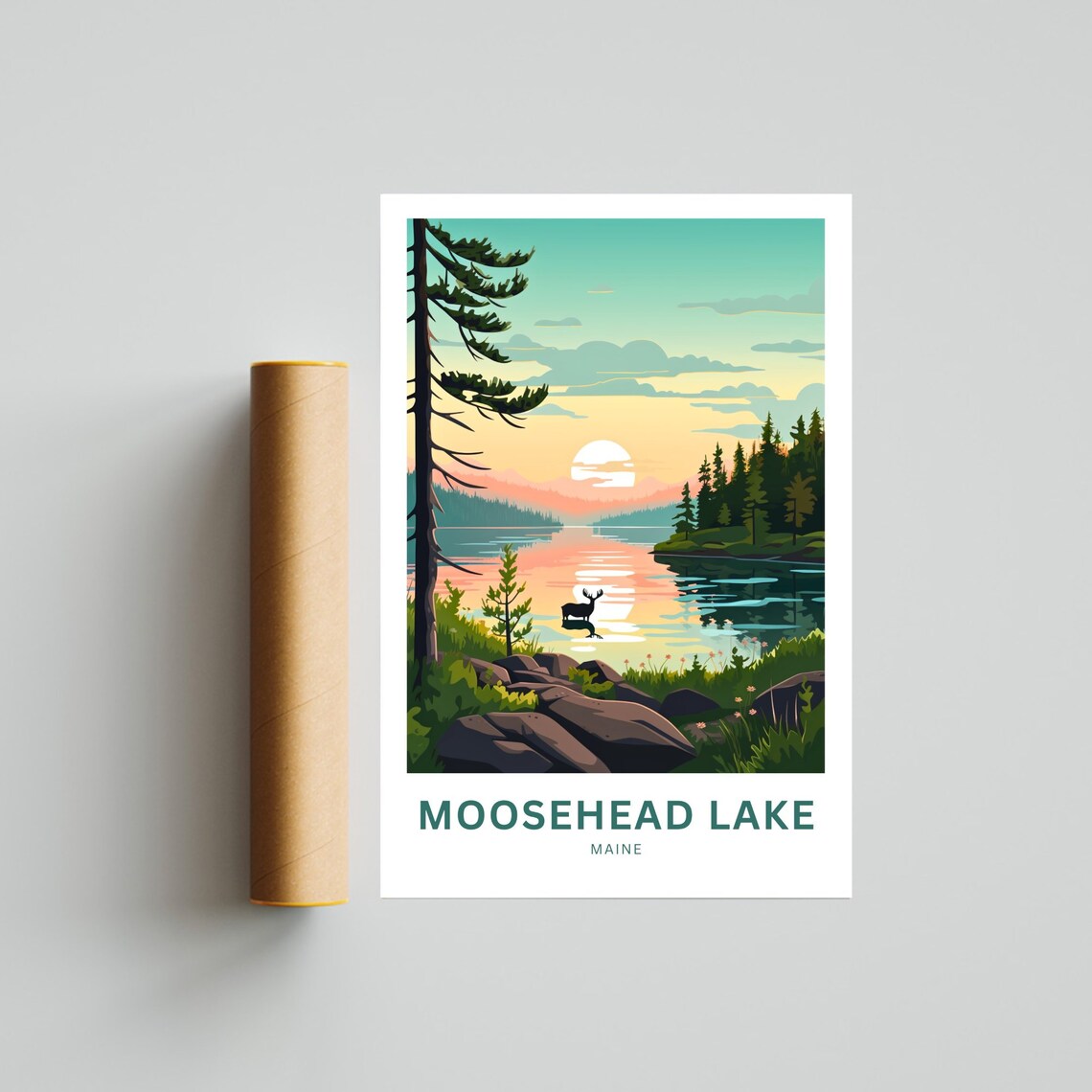 Moosehead Lake Maine Sunset Moose Swimming Lake Travel Poster - Image 4