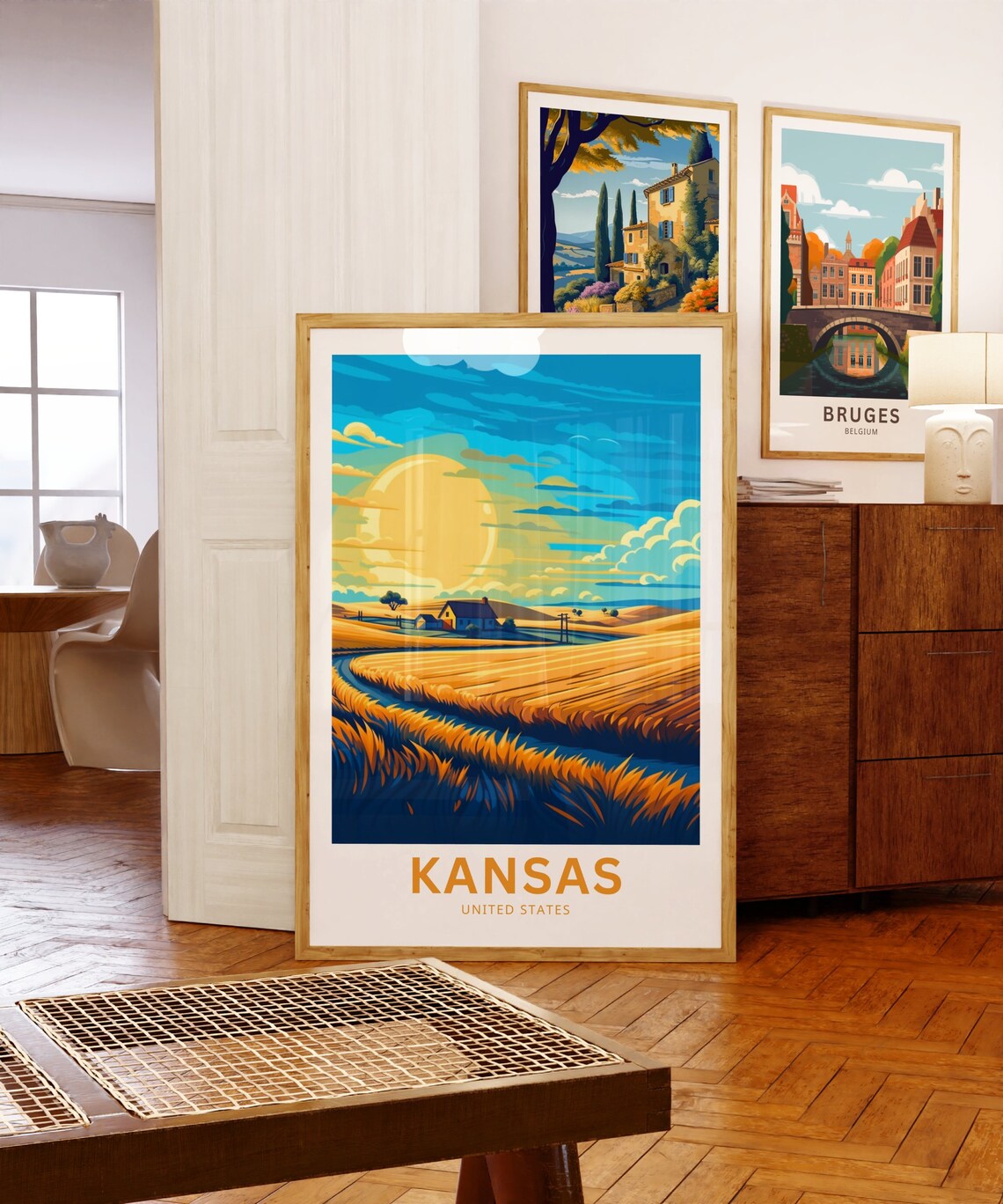 Personalized Kansas Farmhouse Golden Wheat Sunrise Travel Poster - Image 5