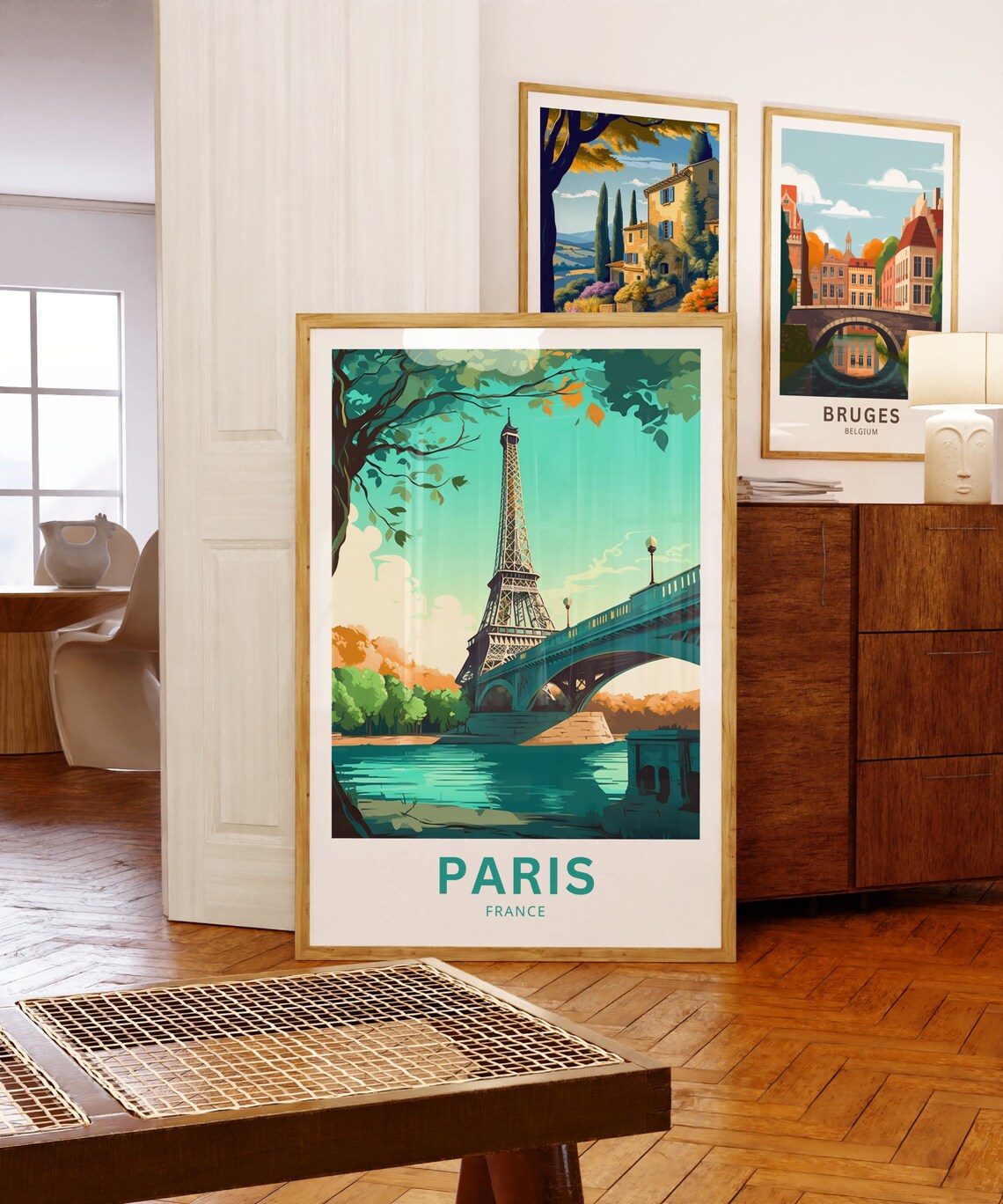 Paris France Eiffel Tower Riverside Bridge Scenic Travel Poster