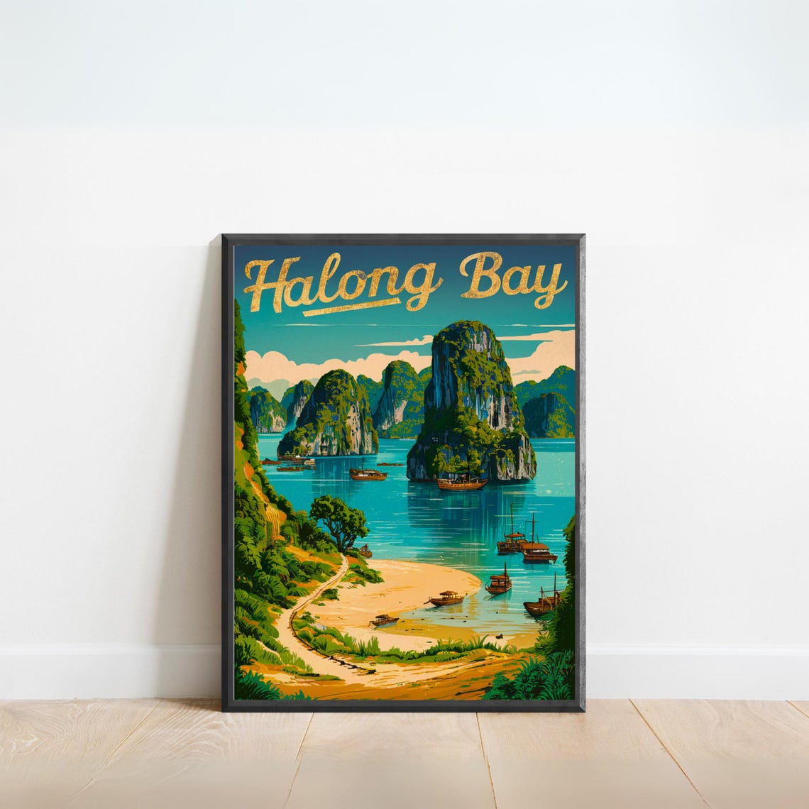 Halong Bay Vintage Sandy Beach Towering Karsts Travel Poster