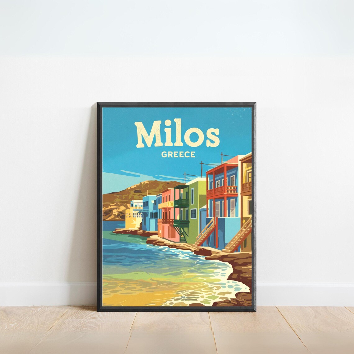 Milos Greece Colorful Waterfront Houses on the Aegean Coast Poster