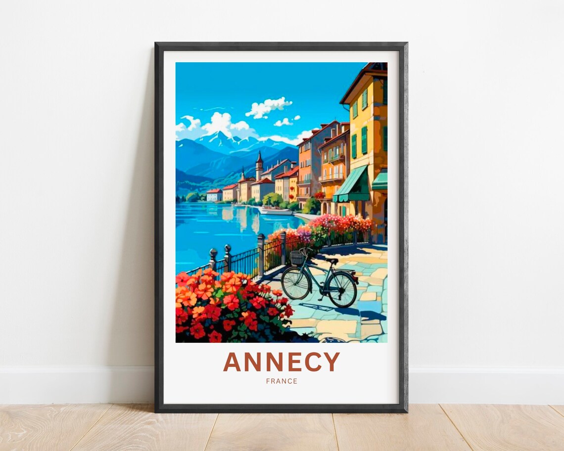 Annecy France Lakeside Promenade Flowers Bicycle Vintage Travel Poster