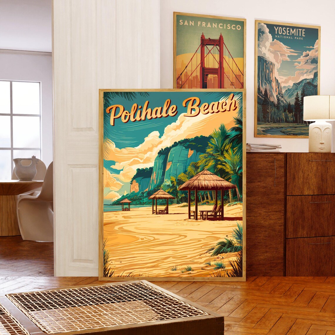 Polihale Beach Vintage Hawaii Tiki Shelters Golden Sand Retro Poster - Image 5