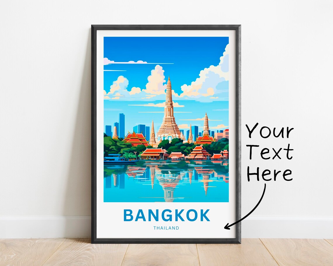 Bangkok Thailand Travel Poster Wat Arun Temple River Skyline Art