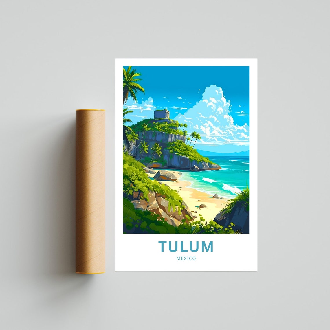 Tulum Mexico Mayan Cliff Ruins Caribbean Beach Travel Poster - Image 2
