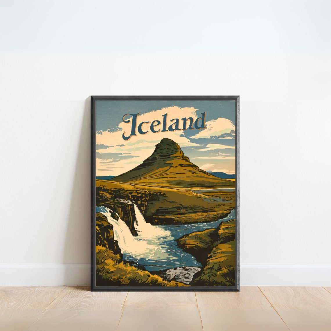 Iceland Waterfall Mountain Landscape Nordic Vintage Travel Poster