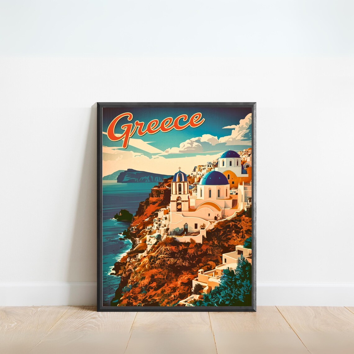 Greece Santorini Whitewashed Village Sea View Vintage Travel Poster