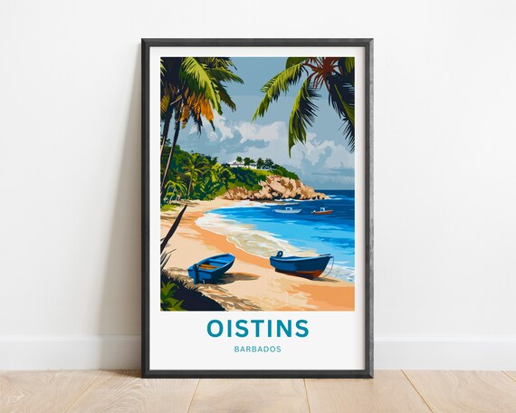 Oistins Barbados Beach Boats Tropical Minimalist Sea Travel Poster