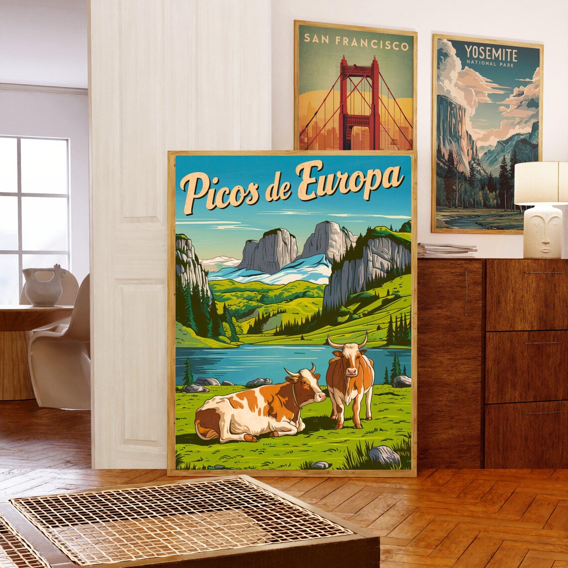 Picos de Europa Spain Vintage Travel Poster Alpine Cows Meadow - Image 5