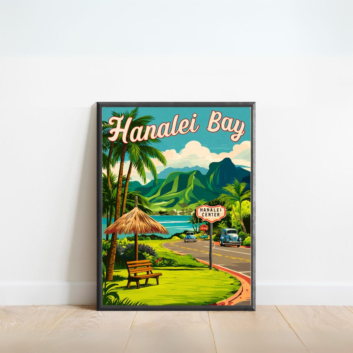 Hanalei Bay Hawaii Palm Roadside Scene Vintage Travel Poster