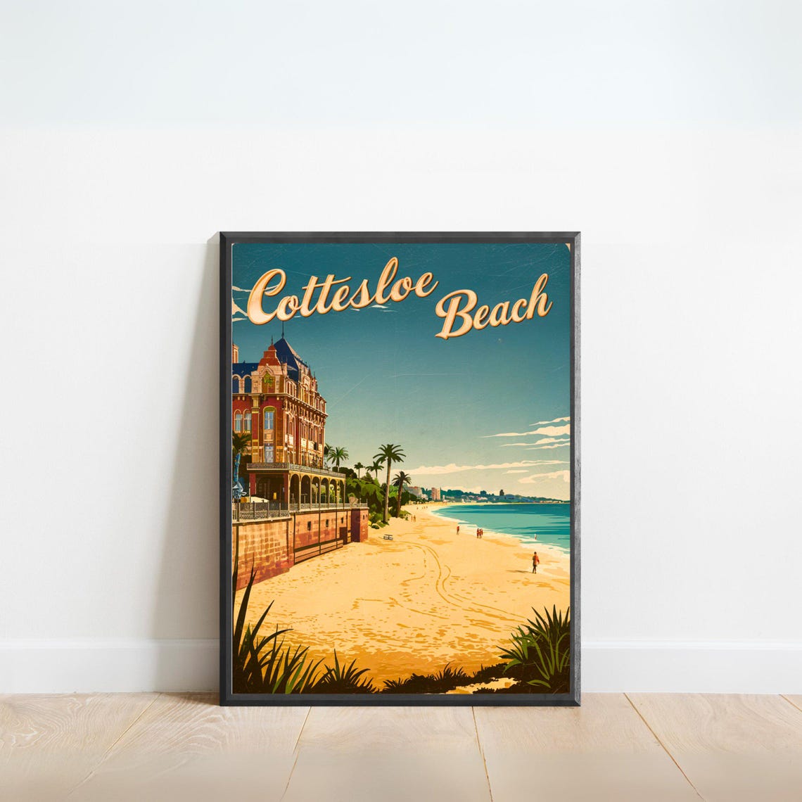 Cottesloe Beach Grand Hotel Sandy Shore Palms Vintage Travel Poster