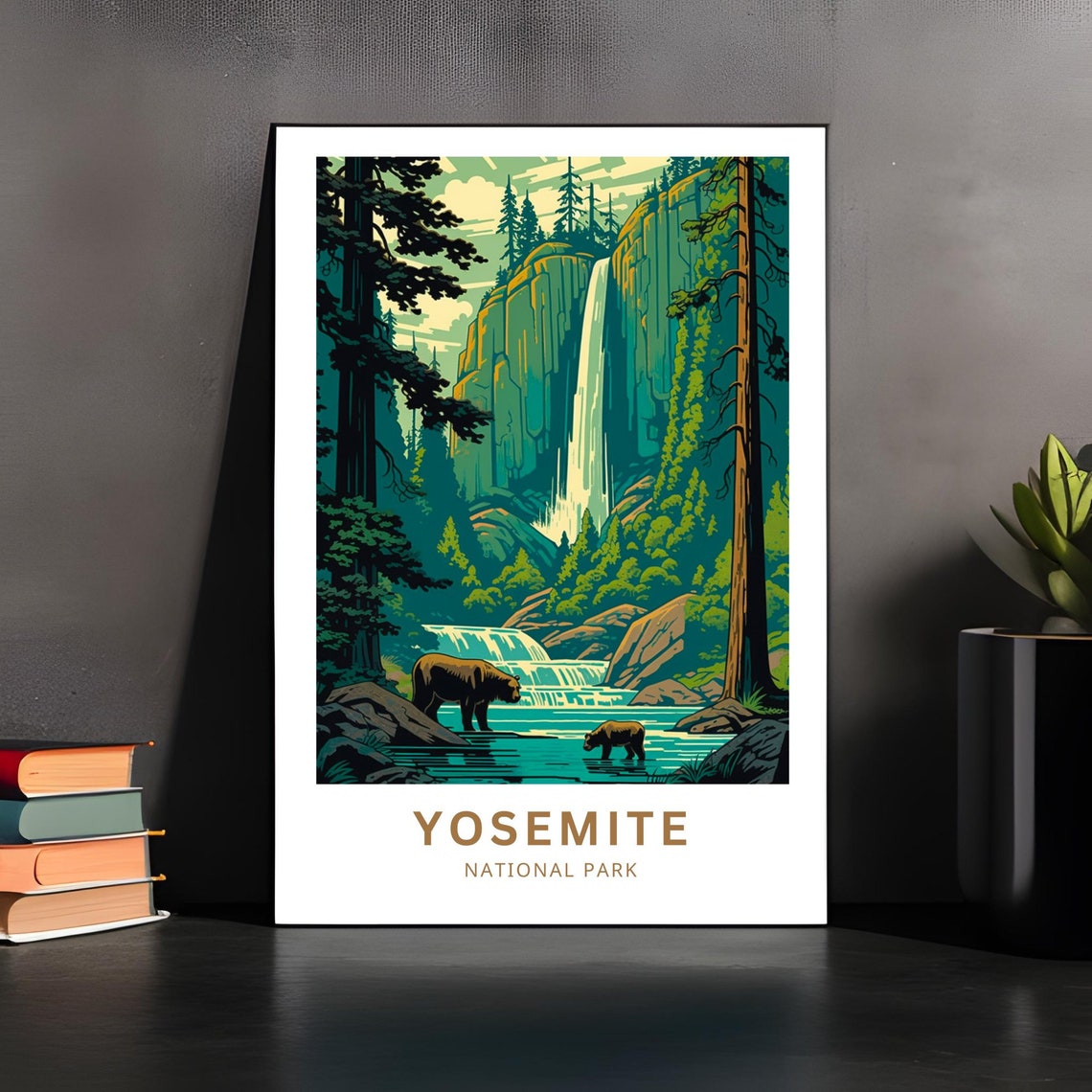 Yosemite National Park Bear Cub Waterfall Pines Travel Poster - Image 4