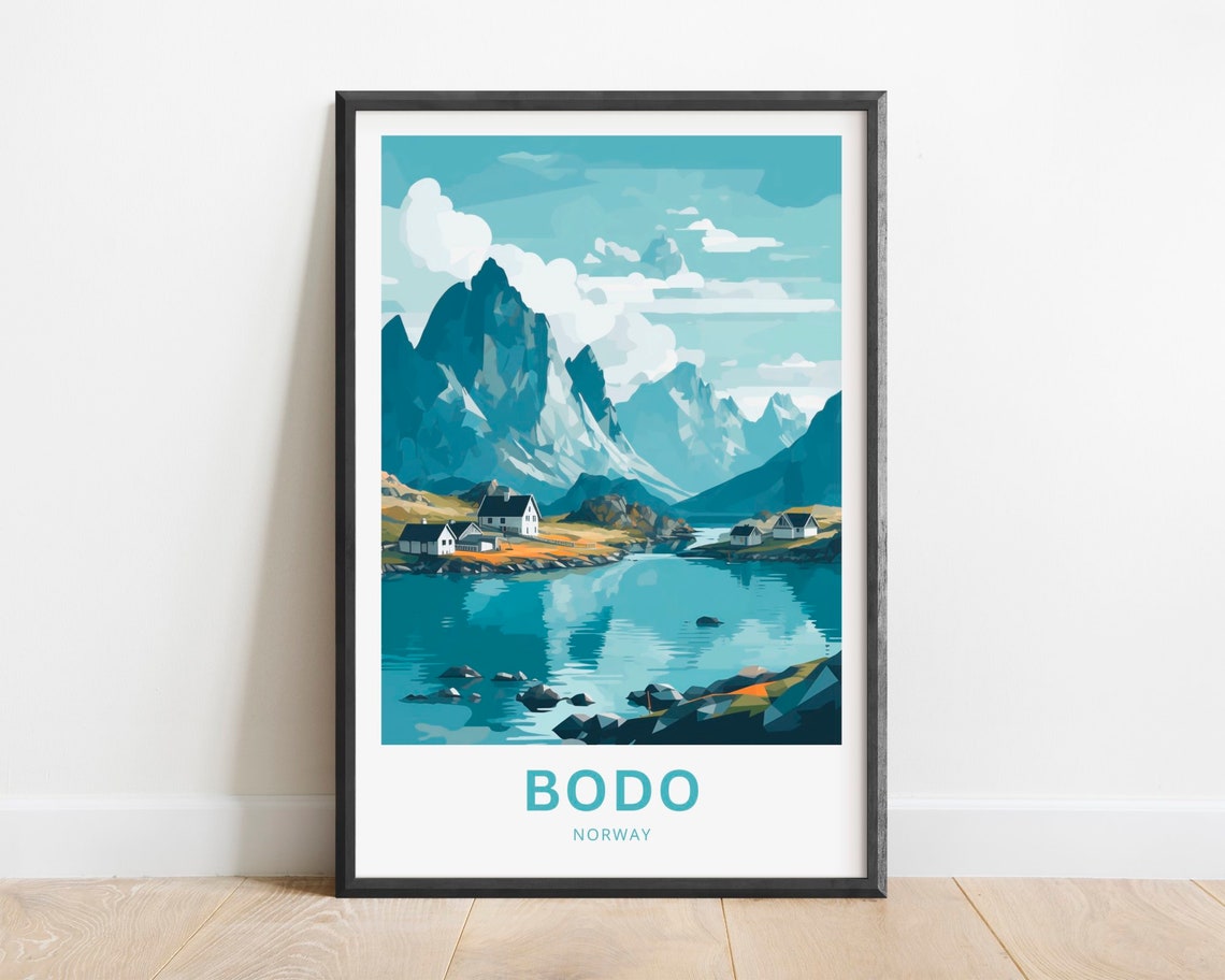 Bodo Norway Arctic Lakeside Cabins Rugged Mountain Travel Poster