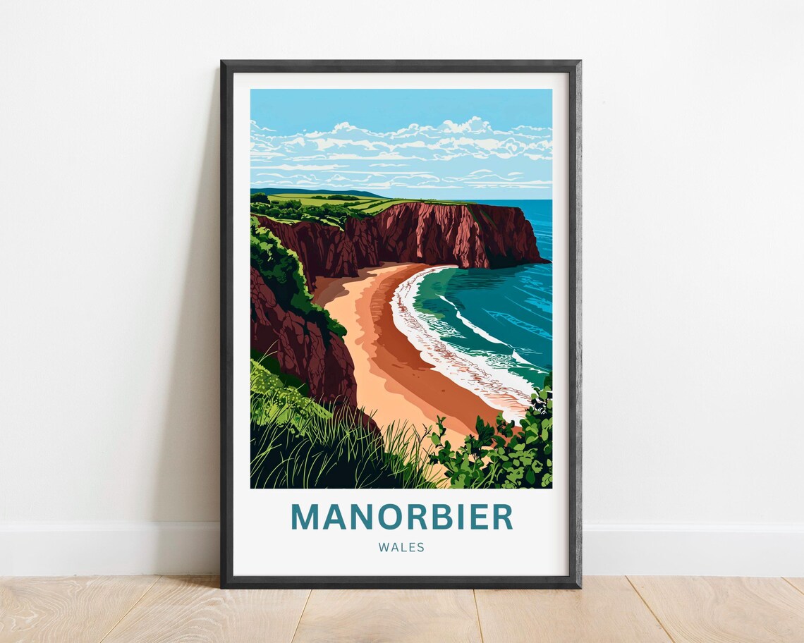 Manorbier Wales Red Cliff Beach Cove Dramatic Coastline Poster