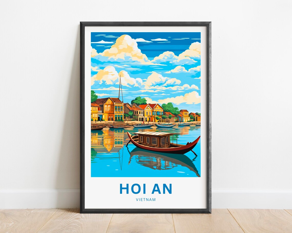 Hoi An Vietnam Travel Poster River Boat Waterfront Houses Art