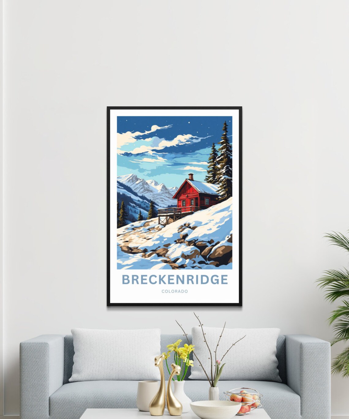 Breckenridge Colorado Red Cabin Snowy Mountains Night Sky Poster - Image 3