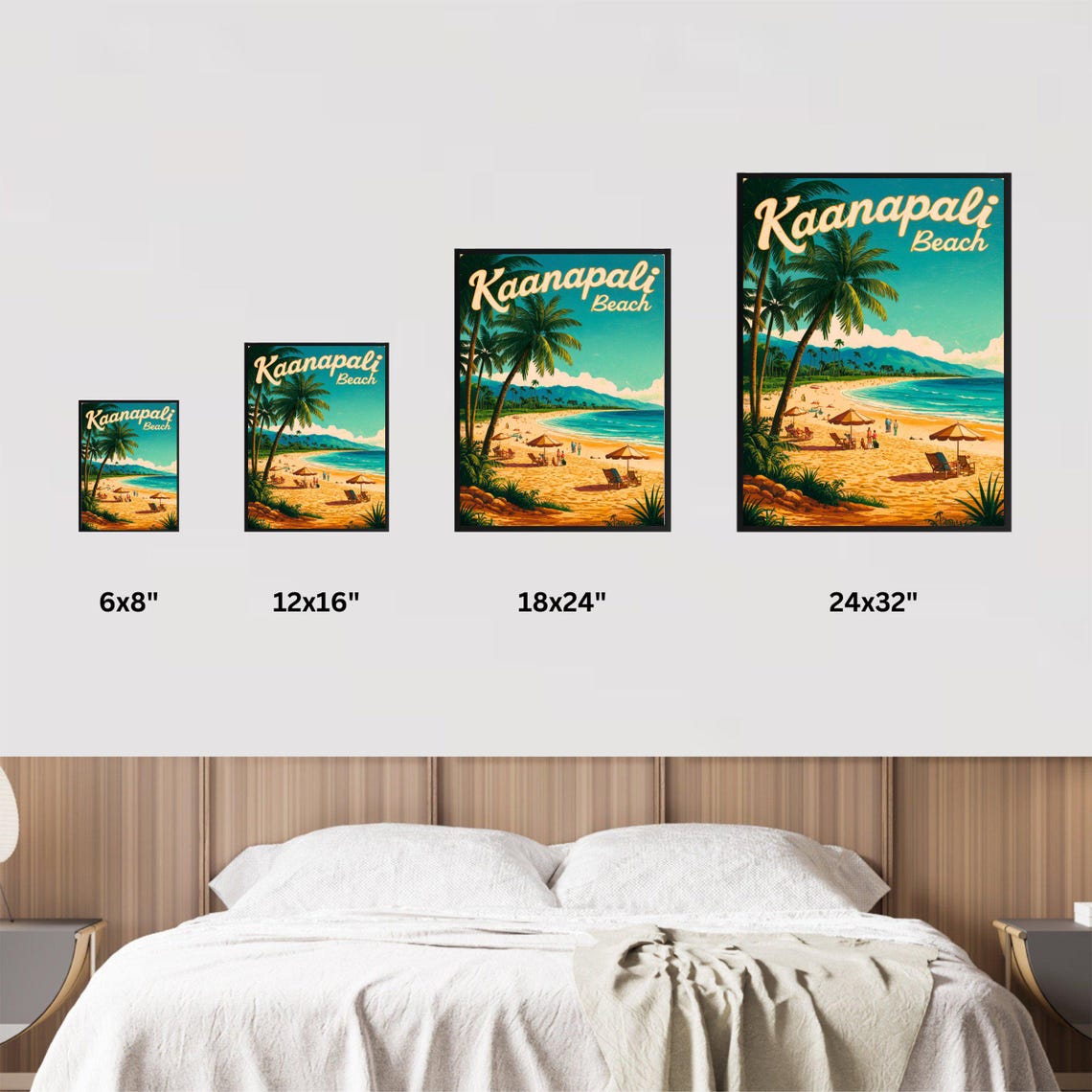 Kaanapali Beach Hawaii Palm Shore Umbrellas Vintage Travel Poster - Image 3