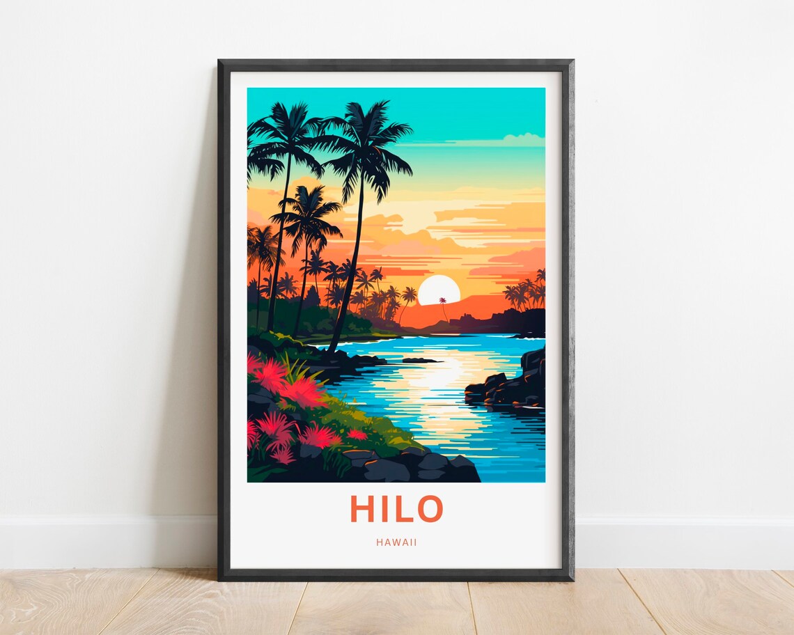 Hilo Hawaii Sunset Palm Trees Over Ocean Bay Retro Travel Poster