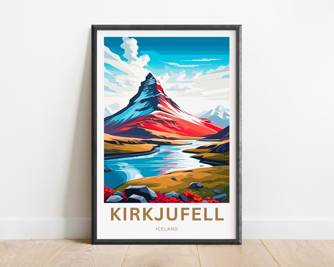 Kirkjufell Iceland Travel Poster Bold Peak Glacier River Art