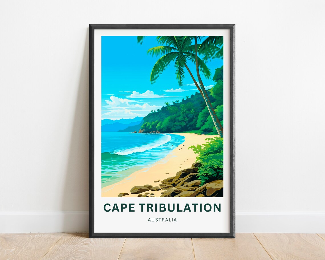Cape Tribulation Australia Curving Palm Beach Vintage Travel Poster