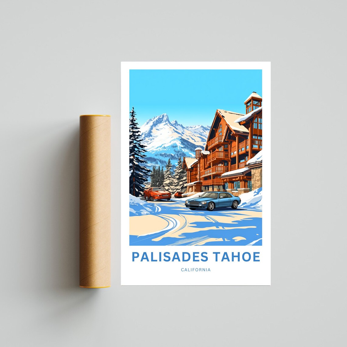 Palisades Tahoe California Snowy Lodge Village Winter Travel Poster - Image 2