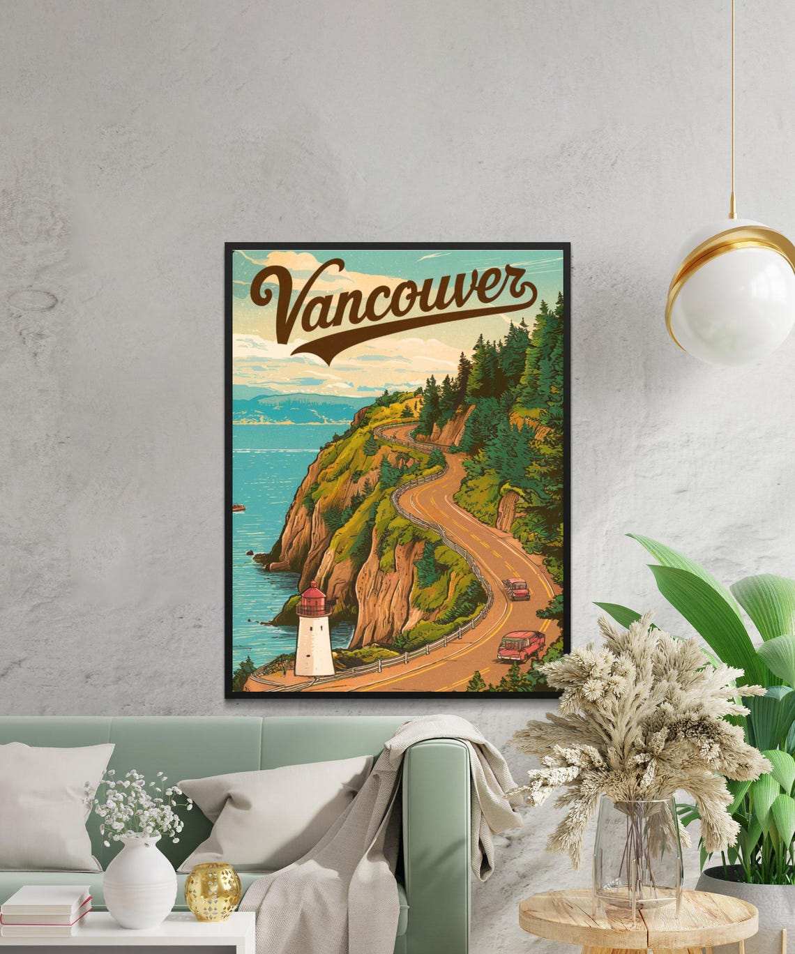 Vancouver Canada Coastal Cliff Road Lighthouse Retro Travel Poster - Image 3