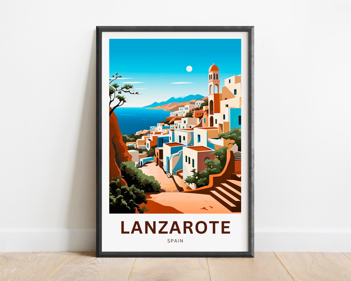 Lanzarote Spain Coastal Village Church Tower Ocean View Poster