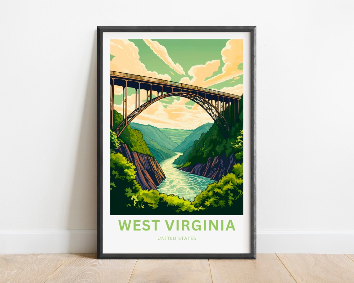 West Virginia New River Gorge Steel Arch Bridge Travel Art Poster