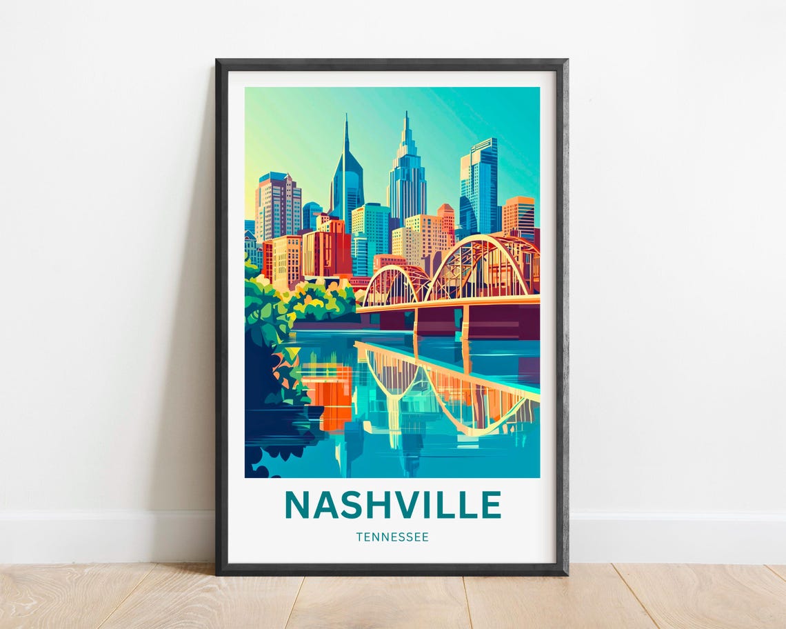 Nashville Tennessee Downtown Skyline Bridge View Travel Poster - Image 2