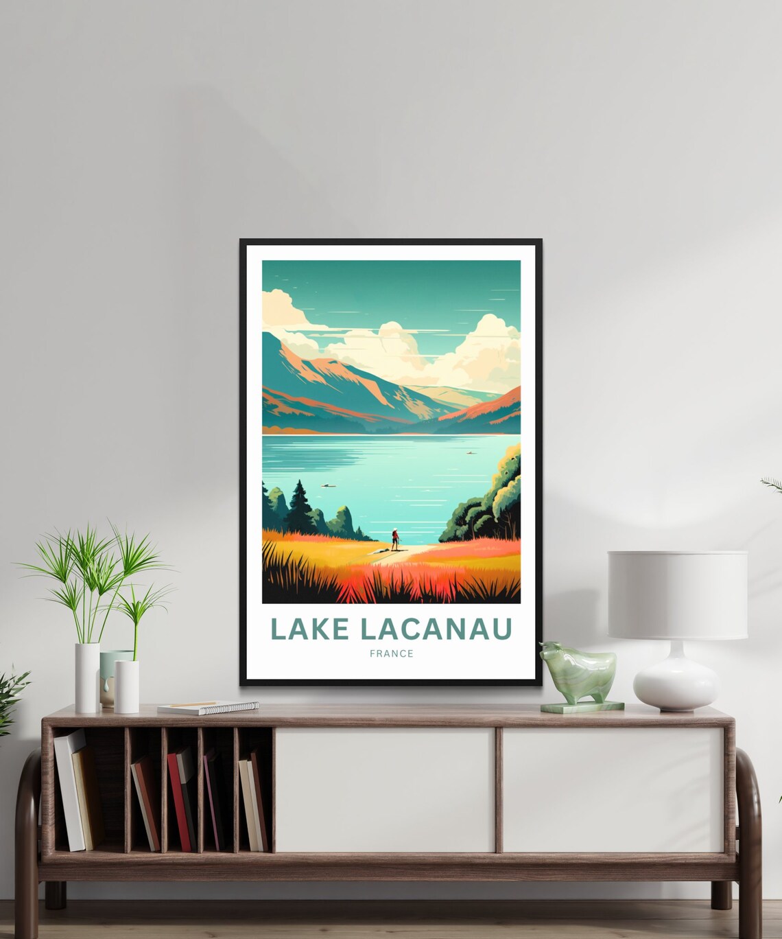 Lake Lacanau France Lone Walker Orange Hills Lakeside Poster - Image 2