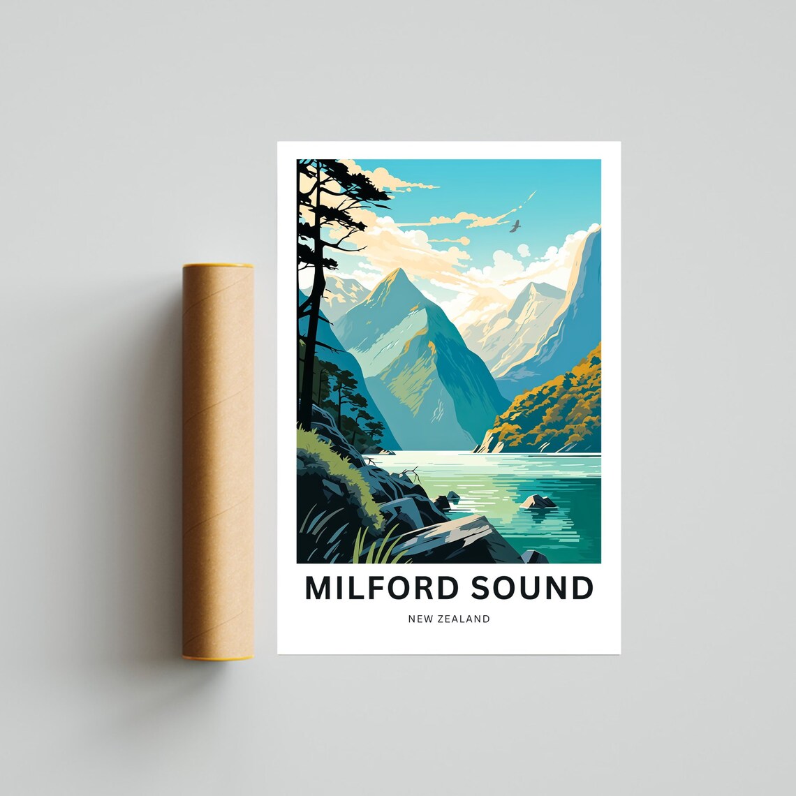 Milford Sound New Zealand Fjord Peaks Pine Tree Vintage Travel Poster - Image 4