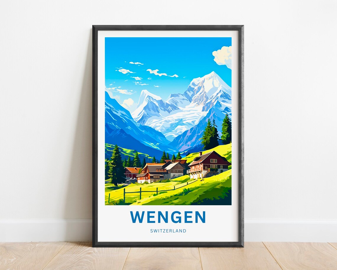 Wengen Switzerland Alpine Chalets Snow Capped Peaks Travel Poster