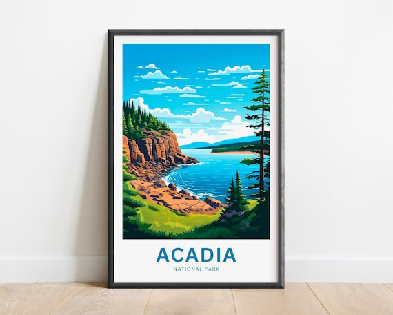 Acadia National Park Rocky Coastline Pine Trees Ocean Travel Poster