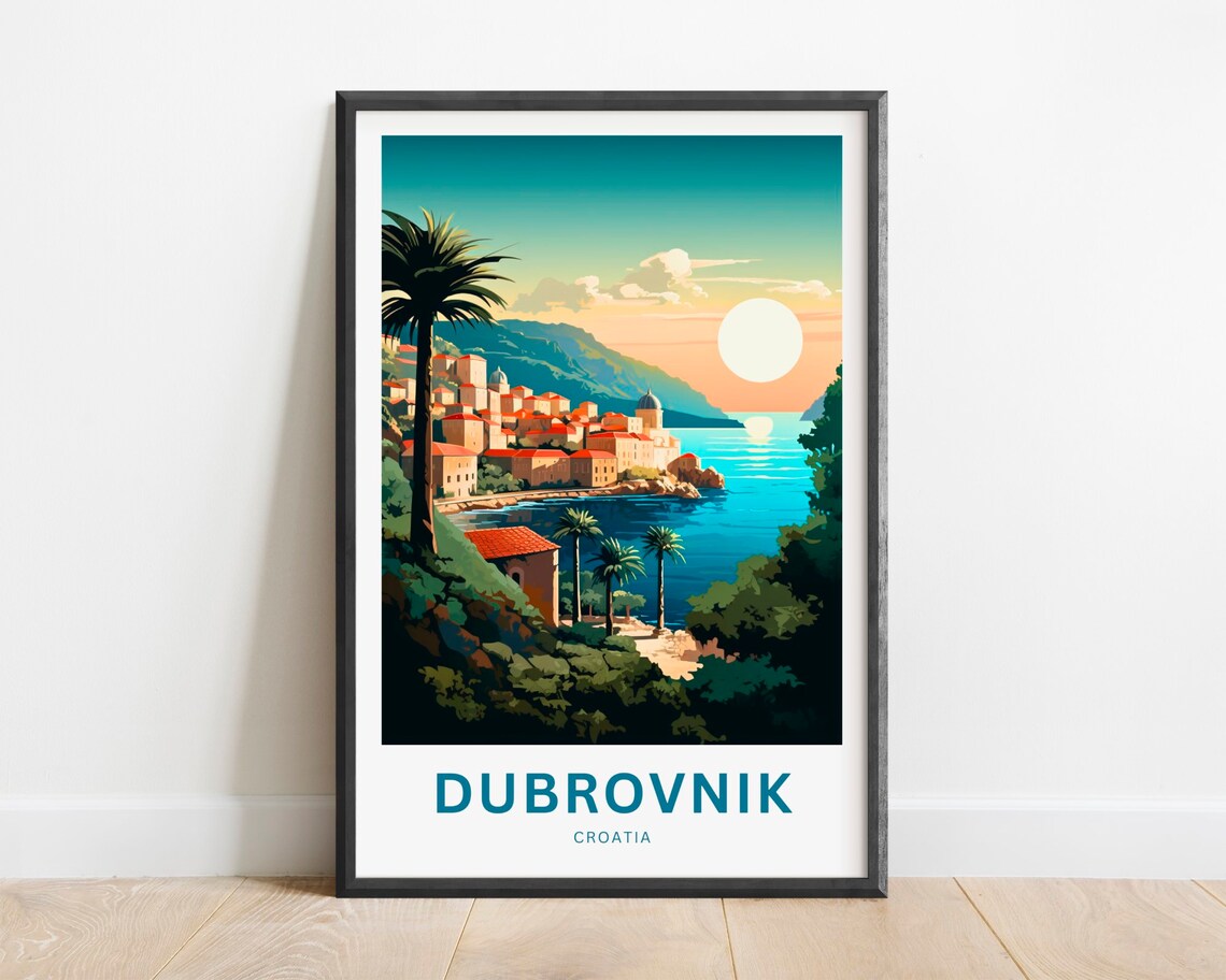 Dubrovnik Croatia Sunset Old Town Rooftops Adriatic Sea Travel Poster