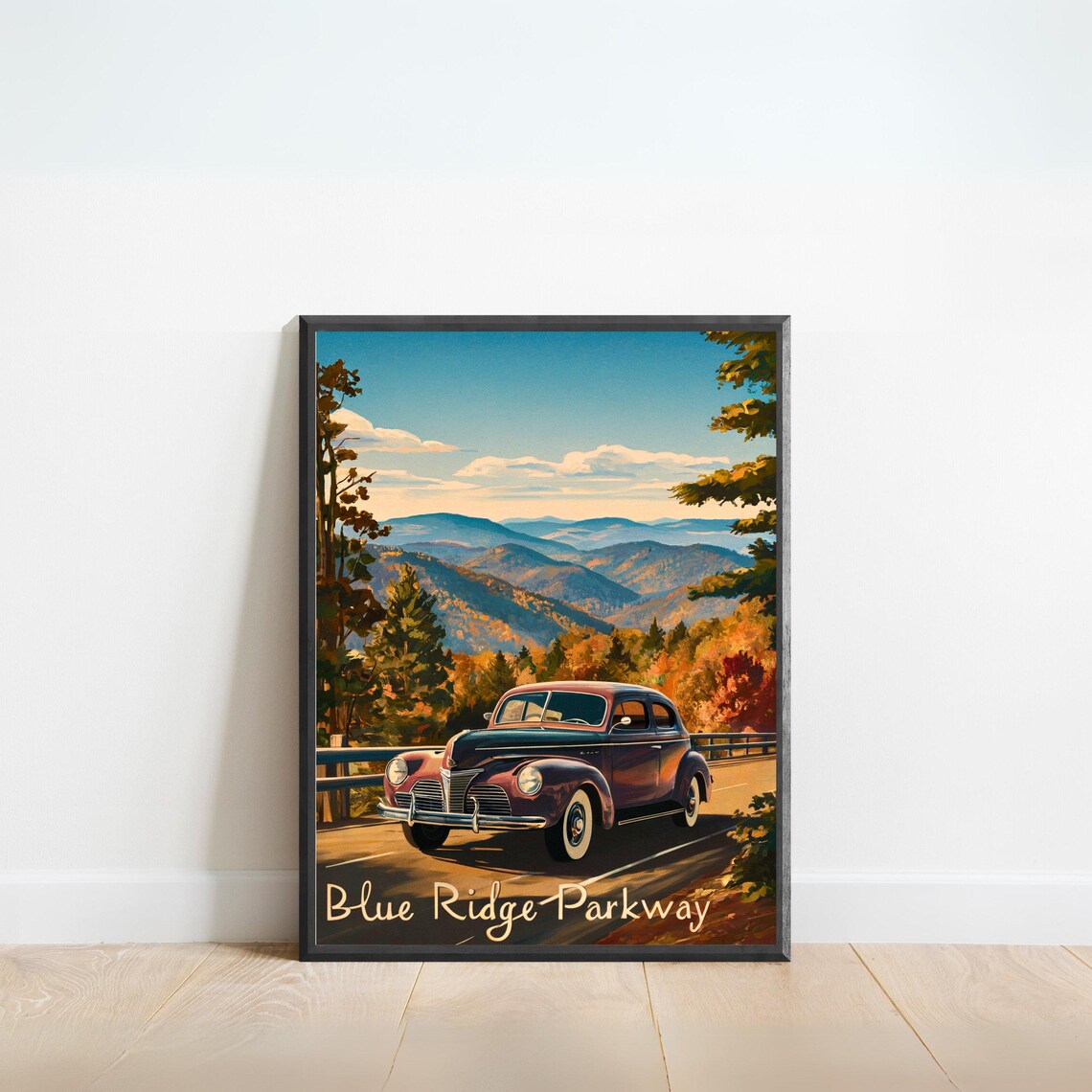 Blue Ridge Parkway Golden Vintage Classic Car Scenic Travel Poster