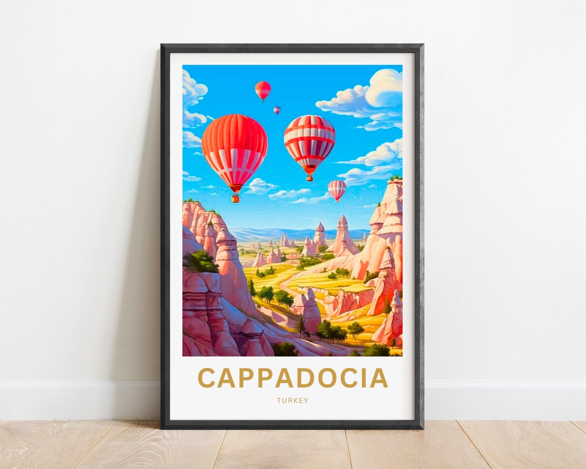Cappadocia Turkey Poster with Hot Air Balloons Over Fairy Chimneys