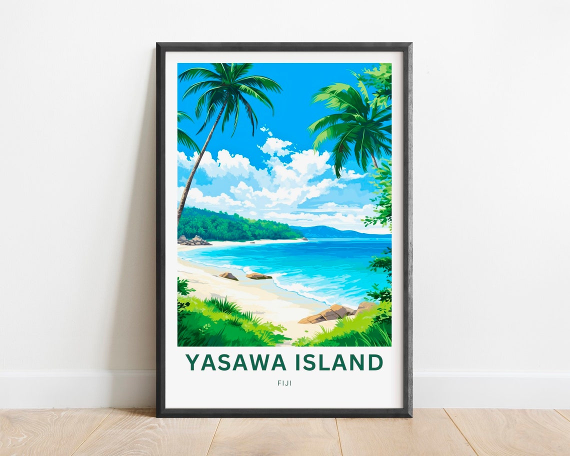 Yasawa Island Fiji Leaning Palms Tropical Surf Beach Scene Poster