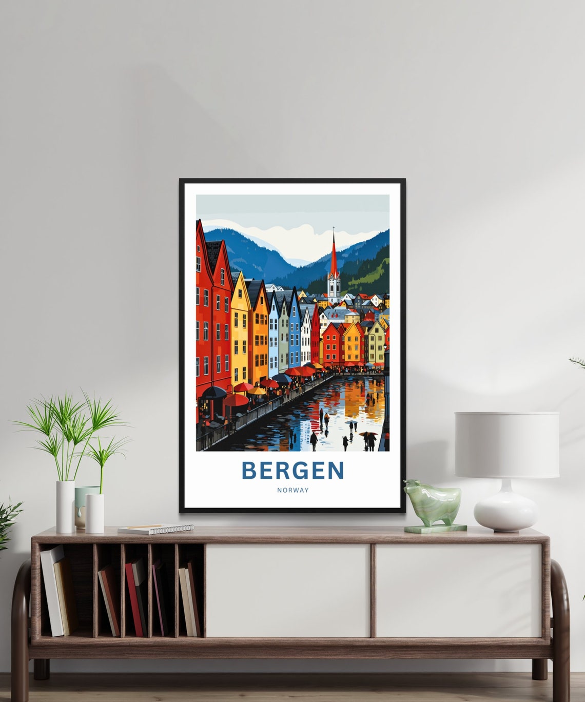 Personalized Bergen Norway Rainy Wharf Promenade Umbrella Poster - Image 2