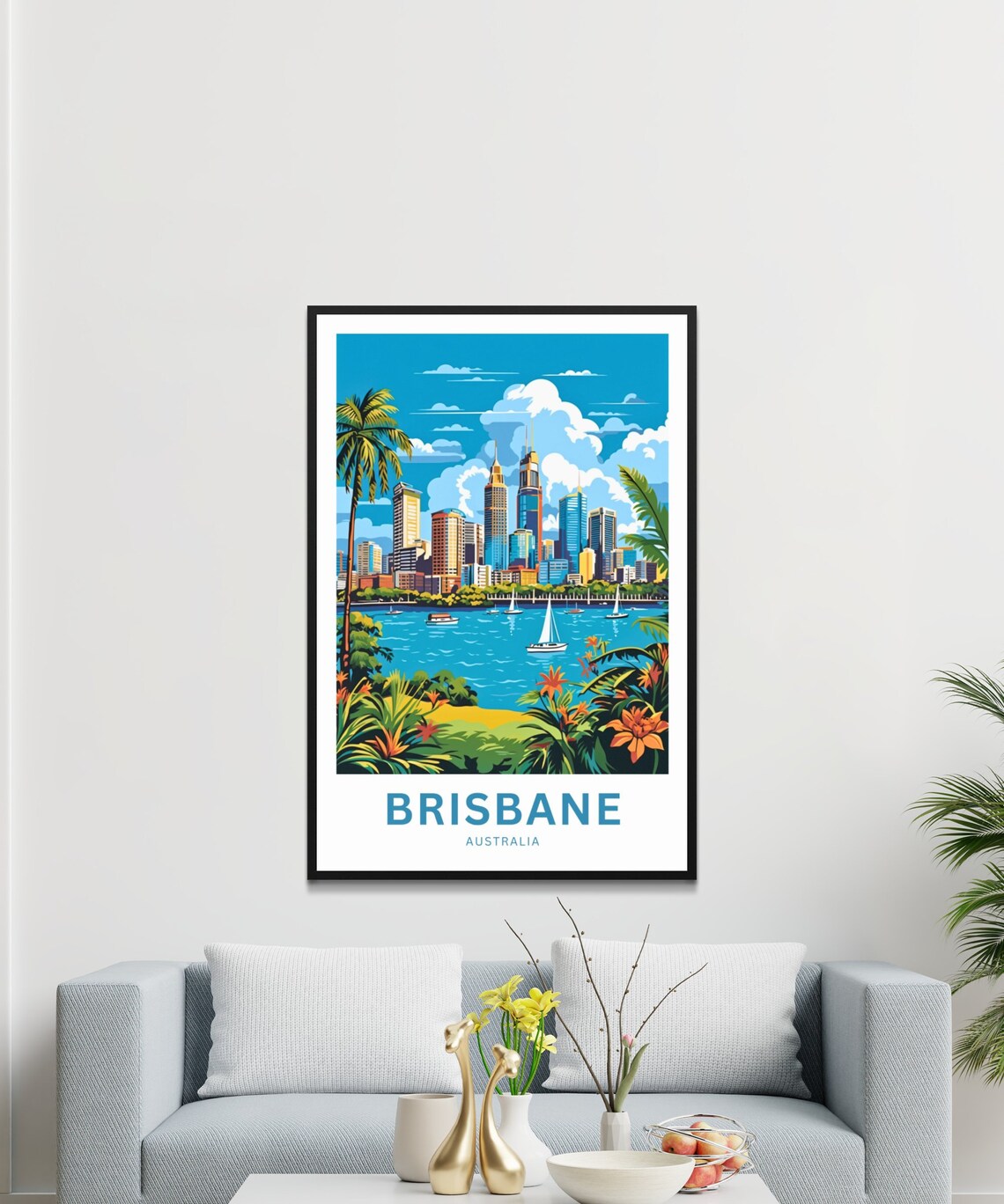 Brisbane Australia Skyline Palm River Sailboats Travel Poster - Image 3