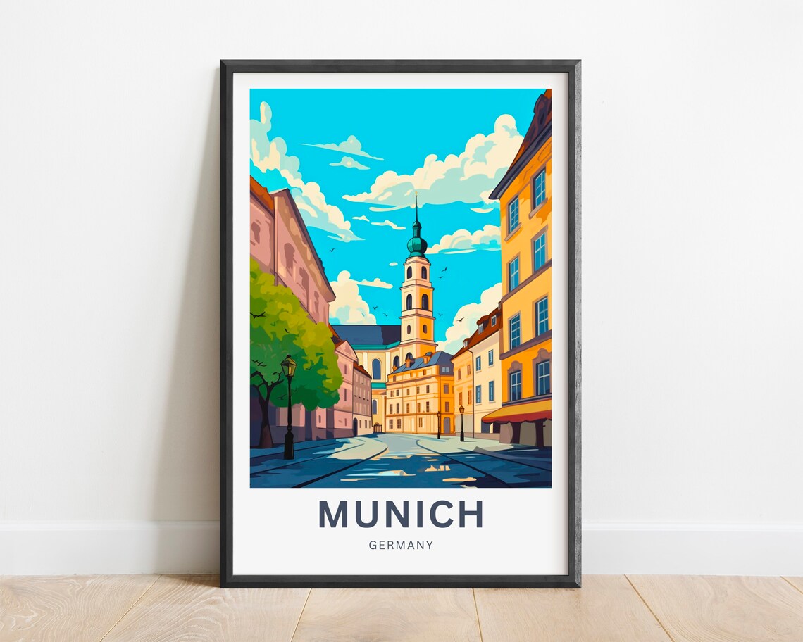 Personalized Munich Germany Historic Street Church Art Poster - Image 2