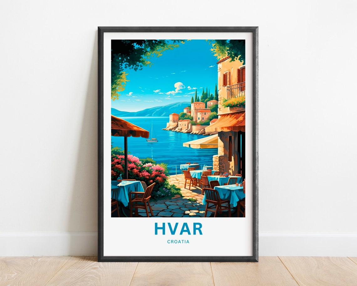 Hvar Croatia Sunny Seaside Cafe Terrace Harbor View Travel Poster
